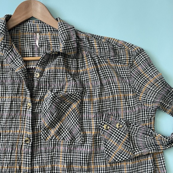 Women's Free People Plaid Gauzy Cotton Oversized Button Up Shirt Boho Small S - Picture 2 of 15